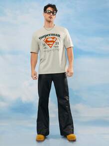 SUPERMAN X SHEIN Camiseta informal de manga corta con estampado de letras y logotipo para hombre, verano - Albaricoque - Ver 3