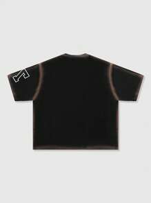 ROMWE MEN Street Life Character Men's Hand-Painted Round Neck Loose Dropped Shoulder Short Sleeve T-Shirt - Black - View 2