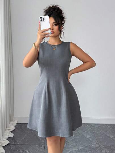 Elenzga Plus Size Sleeveless Solid Color Casual Dress, Summer