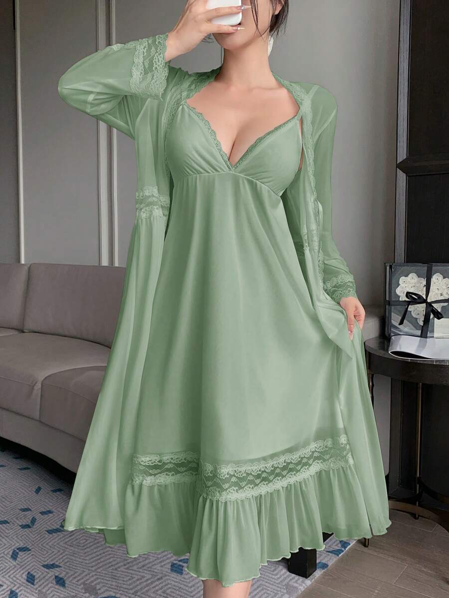 DAZY Lace And Mesh Patchwork Robe Set, Women Sleeveless Nightgown Sleepwear Pajama - Green - View 1