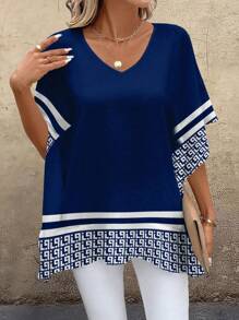 Women's Casual Spliced V-Neck Loose Blouse, Suitable For Summer - Multicolor - View 3