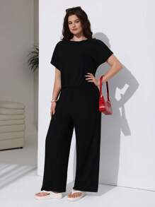 SHEIN EZwear Plus Size Black Textured Jumpsuit, Spring/Summer