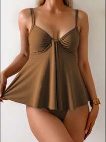 Swim Lushoire 2 件套春季新款度假优雅女士褶皱沙滩装，全黑纯色女士细肩带分体比基尼泳装