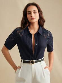 Anewsta 优雅通勤女士亚麻编织镂空刺绣条纹翻领短袖衬衫，春夏