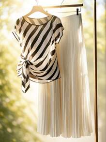 Franclia 2pcs/Set Striped Chiffon Round Neck Short Sleeve Asymmetrical Blouse Set - Apricot - View 1