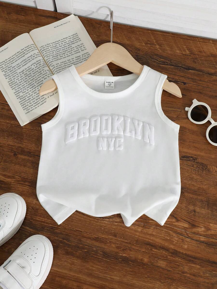 SHEIN 男童休闲无袖印花背心，白色，夏季 - 白色 - 查看 1