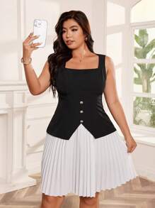 Bellastra Square Neck Simple Sleeveless Pleated Patchwork Dress - Black and White - View 6