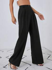 EURMUSE Solid Slant Pocket Wide Leg Suit Pants - Black - View 1