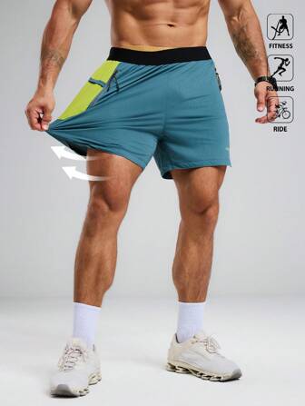 Manfinity Sport Polished 男士松紧腰撞色拉链斜口袋运动短裤，适合健身、跑步、骑行