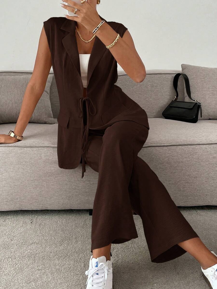 Siren Gaze 女士两件套纹理结饰翻领西装外套和裤子，秋冬休闲装 - 棕色 - 查看 1