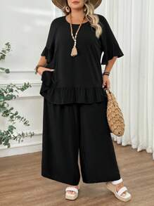 SHEIN CURVE+ 女式两件套简约休闲短袖娃娃衬衫 T 恤和裤子套装，加大码，适合夏季穿着夏季/乡村/海滩度假装/沙滩装/沙滩装 - 黑色 - 查看 7