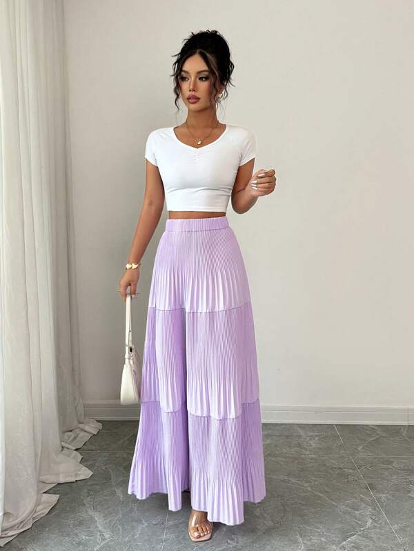 Elenzga Summer New Pleated A-Line Flare Skirt, Purple, Fashion Sense, Suitable For Dates