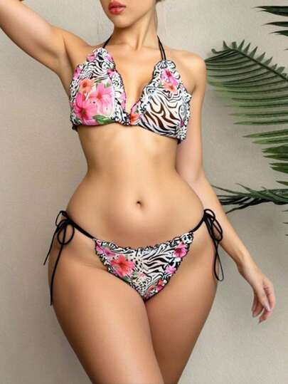 J-Fashion Y2K Retro Zebra Floral Print Underwire-Free Ruffled Tie-Front Bra Set, Summer