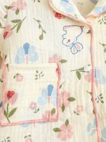 2件套柔软舒适100%纯棉新生儿可爱兔子和花朵印花Polo领短袖开衫上衣和图案裤家居服套装 - 杏色 - 查看 7