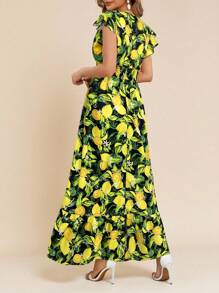 Amorya 女士优雅褶皱盖袖抽绳腰水果印花连衣裙，度假夏装 - 黑色 - 查看 2