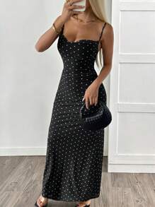 SHEIN EZwear Váy không tay in chấm bi đen cho nữ - Đen và trắng - Xem 6