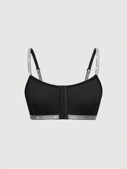 ROMWE Avant Fashionable Silver-Threaded Front Closure Wireless Bra For Women, Black