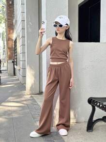 SHEIN Leap Crew 十幾歲女孩針織純色圓領無袖褶裙背心和針織長褲套裝 - 卡其色 - 查看 8