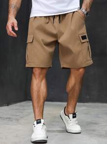 Manfinity Homme Plus Size Men's Summer Casual Street Drawstring Waist Flap Pocket Cargo Shorts - Khaki - View 3