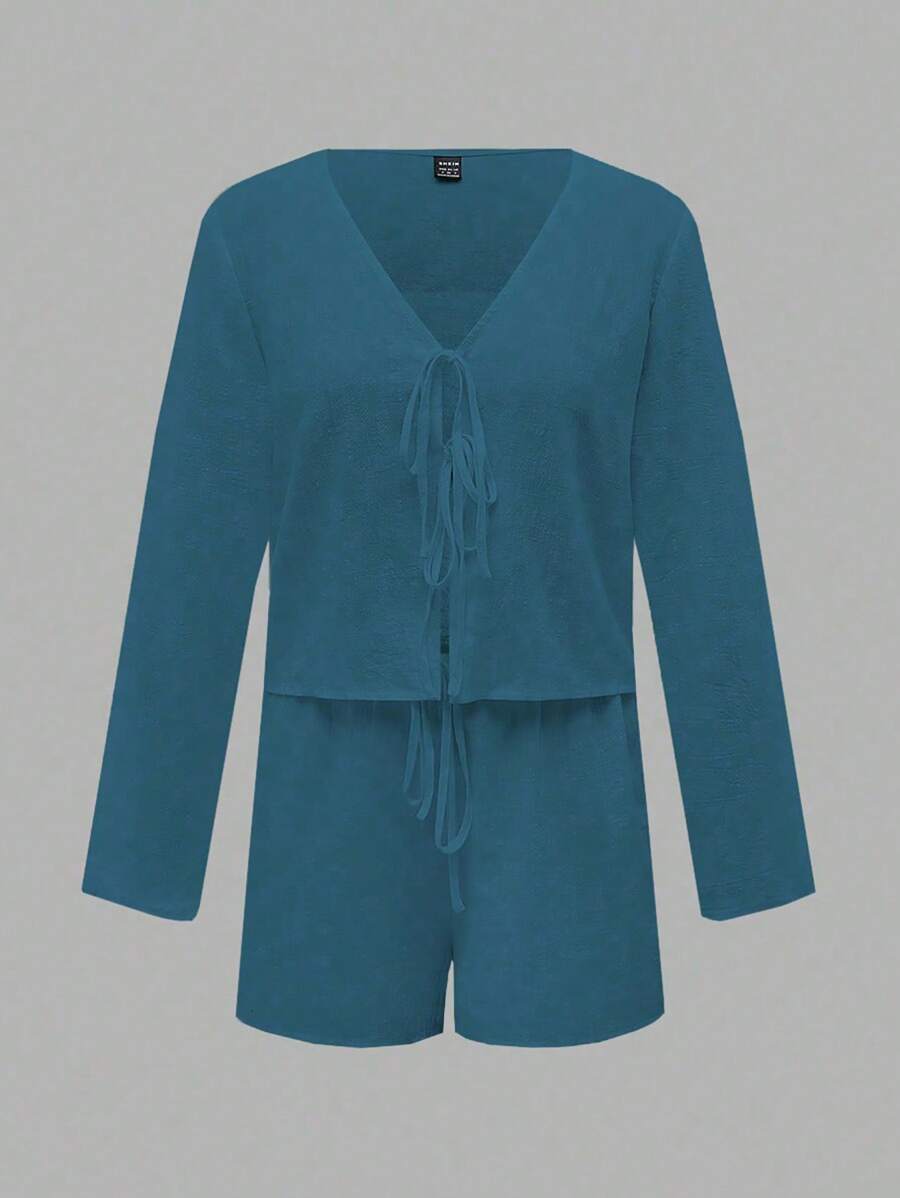 Chiquease Women's Solid Color Long Sleeve Tie-Front Shirt And Shorts Casual Suit, Spring Summer Fall Cloth For Women - Navy Blue - View 1