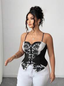 Elenzga 女式加大码短款高腰修身黑白花卉印花吊带背心，优雅适合通勤、约会、派对等场合，春夏季