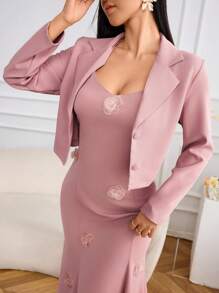 Modelyn 女士 3D 花朵装饰吊带裙和长袖西装外套优雅套装 - 粉色 - 查看 3