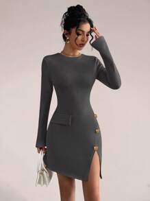 Glamine 女士时尚纽扣装饰开衩长袖连衣裙 - 灰色 - 查看 4