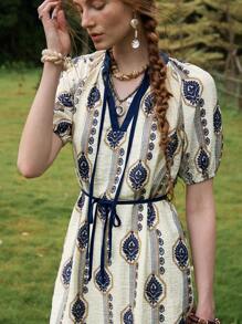 Florisole Vestido curto casual slim com decote em V e amarração frontal estilo boêmio - Azul - Ver 5