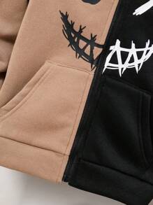 1件装 男童休闲可爱日常舒适百搭笑脸印花卡其色和黑色拼接宽松连帽长袖拉链卫衣，适合外出、上学、日常聚会、秋冬季节穿着。 - 彩色 - 查看 5