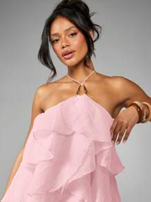 MISSGUIDED Ruffle Mini Dress Organza Party Evening Formal Halter Neck Backless A Line Layered - Baby Pink - View 6