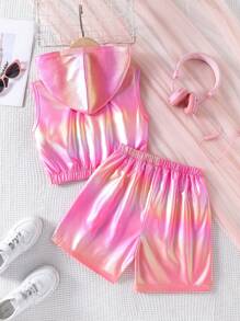 2 件套 Tween Girls 彩虹色涂层面料前开式无袖短款上衣和休闲短裤套装，夏季 - 玫紅色 - 查看 2