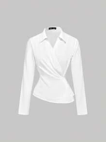 SHEIN MOD 白色斜襟腰部修身长袖衬衫，乡村音乐会，可爱，西部女装，度假，复古，女式外出上衣，学校，秋季，街头服饰，老钱风格女装，女式教师，工作衬衫，办公室，女式办公室，女式工作服，返校，女式机场上衣 - 白色 - 查看 1