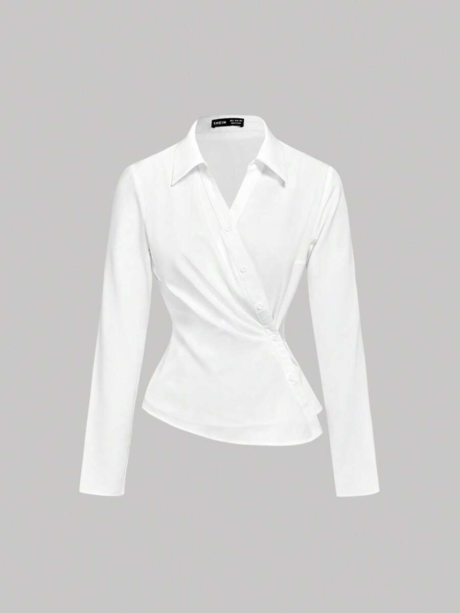 SHEIN MOD 白色斜襟腰部修身长袖衬衫，乡村音乐会，可爱，西部女装，度假，复古，女式外出上衣，学校，秋季，街头服饰，老钱风格女装，女式教师，工作衬衫，办公室，女式办公室，女式工作服，返校，女式机场上衣 - 白色 - 查看 1