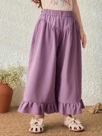 Blossori Young Girls Floral Pattern Ruffle Hem Wide Leg Pants