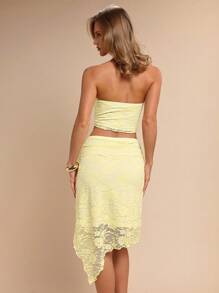 COSMINA 2pcs Women's Elegant Lace Vacation Tube Top & Yellow Skirt Set, Wedding Season, Spring/Summer