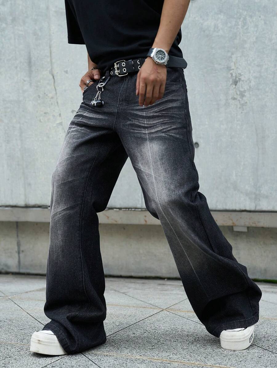 Manfinity EMRG 男士休闲水洗喇叭裤牛仔裤 - 黑色 - 查看 1