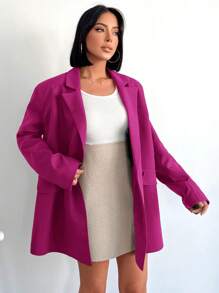 SHEIN Cottnline 翻領雙排扣寬鬆西裝外套 - 玫紅色 - 查看 3