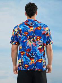 SUPERMAN X SHEIN 男式字母与图案前扣短袖衬衫