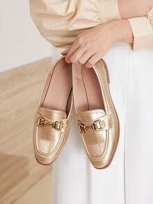 MOTF PREMIUM PU LEATHER ROUND TOE FLAT LOAFERS FOR CHRISTMAS - Gold - View 2