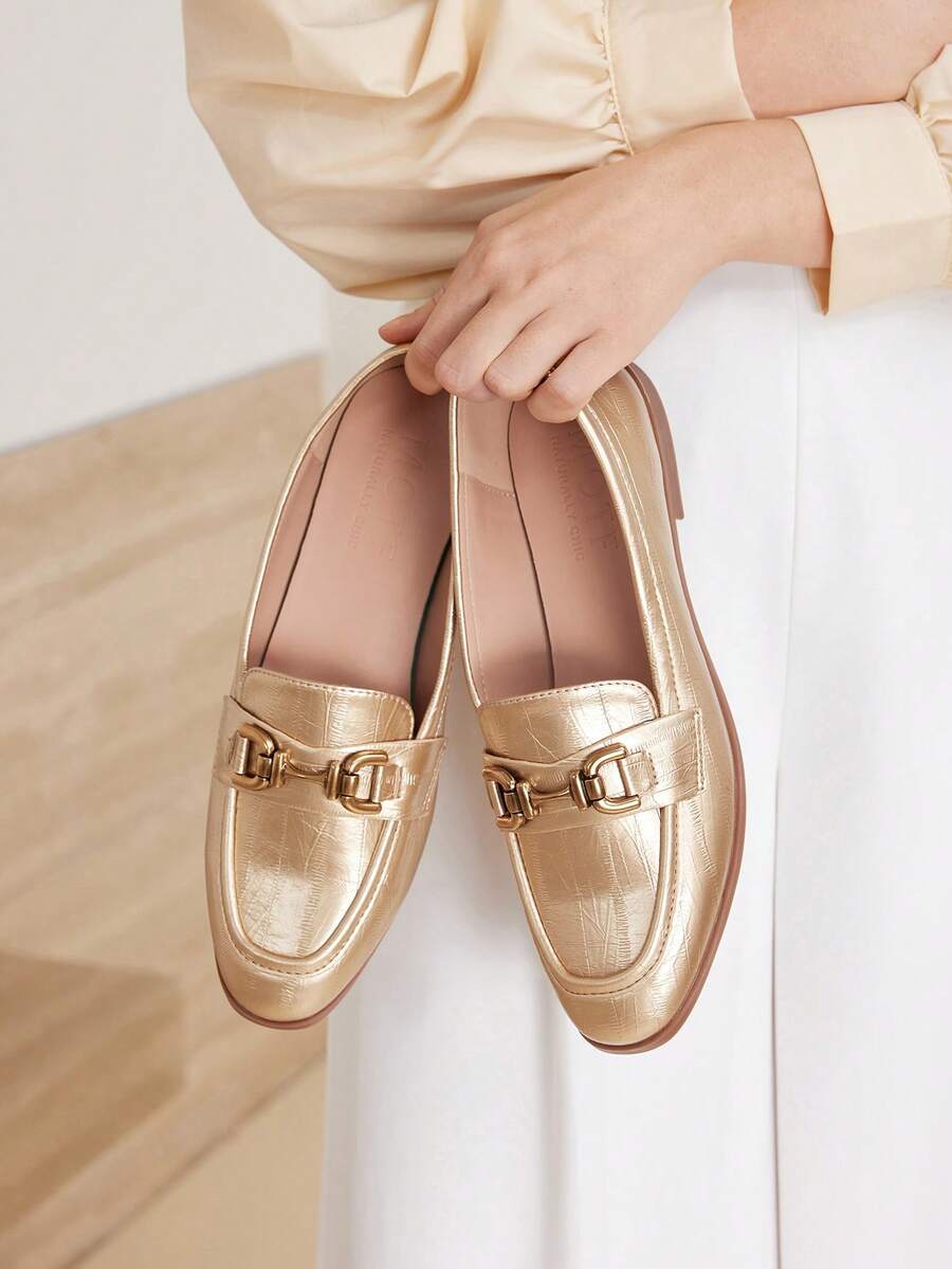 MOTF PREMIUM PU LEATHER ROUND TOE FLAT LOAFERS FOR CHRISTMAS - Gold - View 2