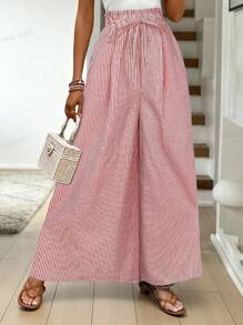 Easowa 女式蓝白条纹棉质口袋阔腿裤 - 紅色 - 查看 5