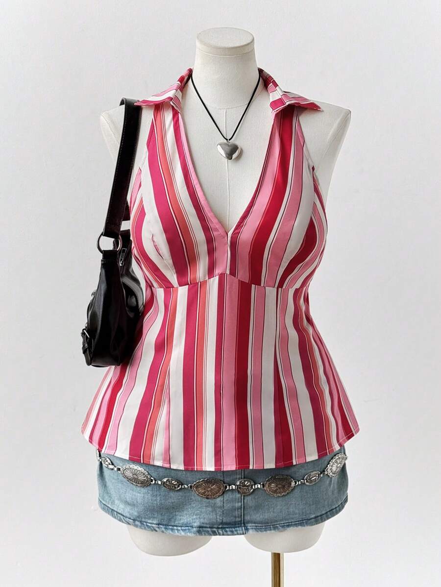 Flirla Damen Große Größen figurbetontes gestreiftes V-Ausschnitt Ärmellos Lässig Hemd