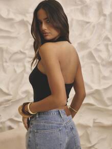 Aralina 挂脖金属扣细节时尚廓形夏季度假上衣 - 黑色 - 查看 2