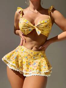 Swim Mod Women's Summer Vacation Beach Ditsy Floral Ruffled Trim Bikini Set And Skirt, Printed Pattern Random - Multicolor - View 4