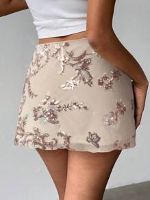 Aloruh 女士性感时尚亮片刺绣迷你裙 - 杏色 - 查看 2