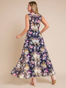 Amorya 女式优雅花卉印花拼接高开衩无袖连体裤，夏季 - 彩色 - 查看 2