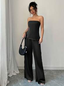 TrendSteals 2 件套女士纯色抹胸上衣和裙子休闲套装 - 黑色 - 查看 3