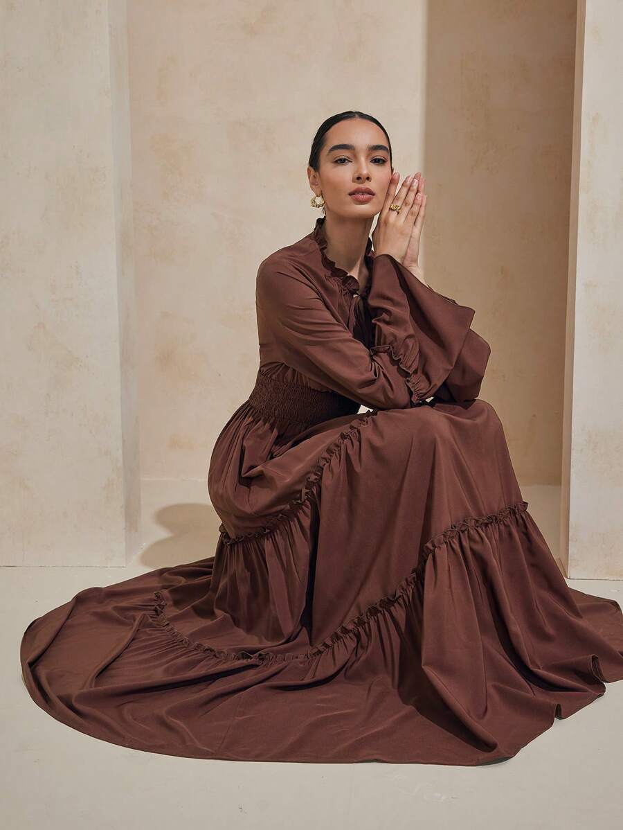 Graceveil 女式超长荷叶边喇叭袖 A 字中长连衣裙，收腰，春夏 - 棕色 - 查看 1