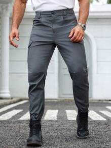 Manfinity Homme Quần Cargo dáng ôm túi màu trơn đơn giản cho nam - Màu xám đen - Xem 1
