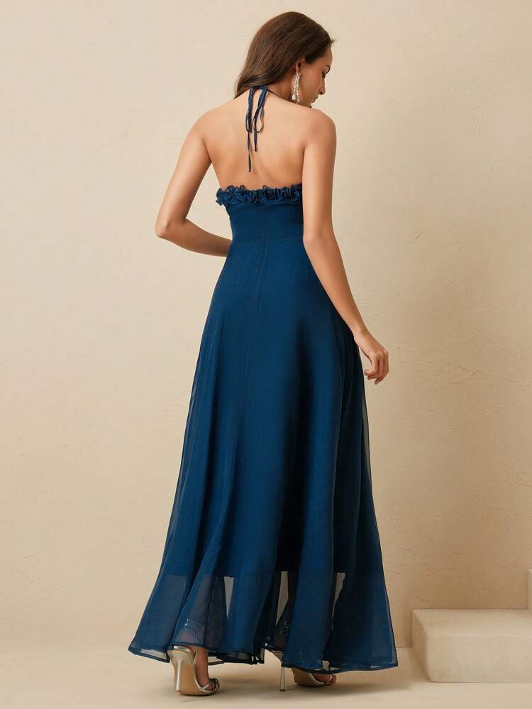 Elegant Blue Waist Ruched Ruffled Backless High Neck Formal Dress